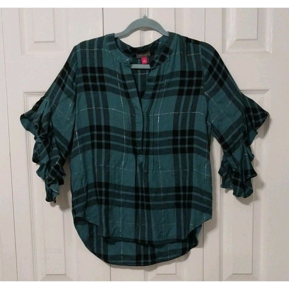 Vince Camuto Flutter Sleeve Top Small Blue Black Plaid Blouse